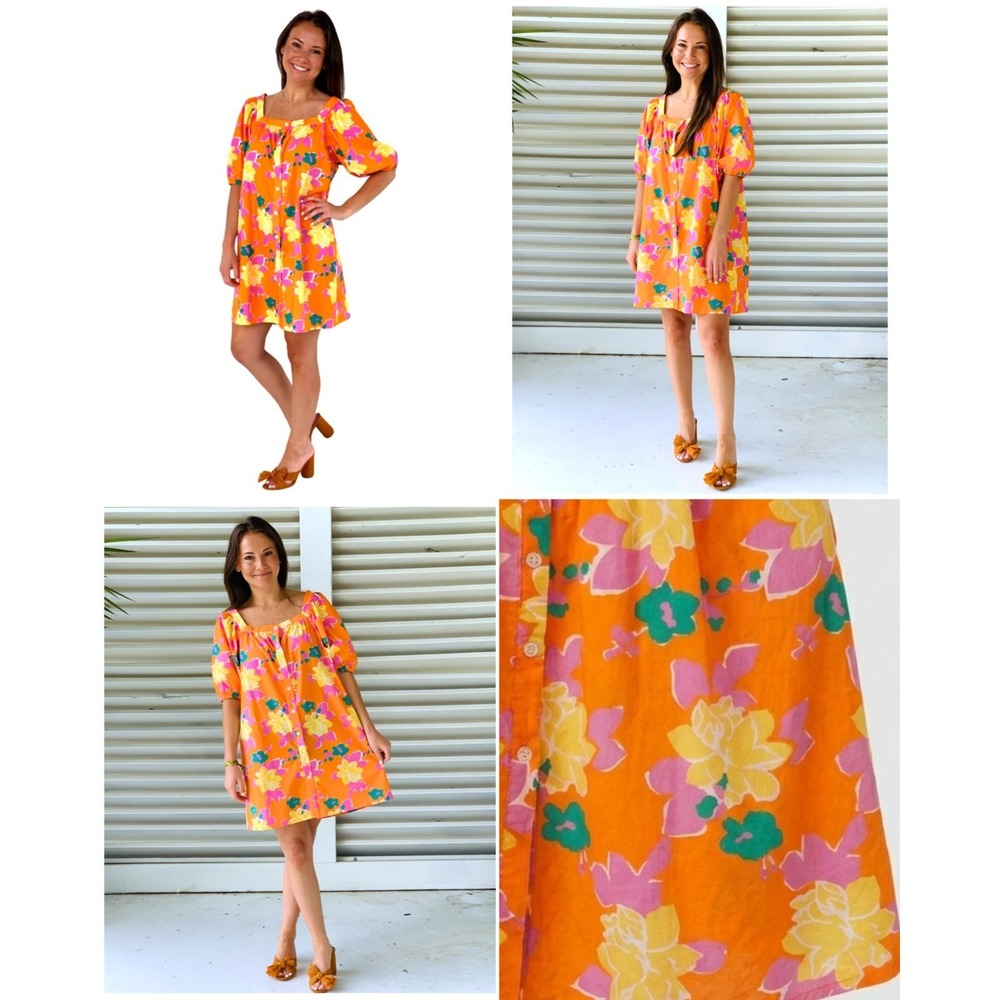 Beulah Style Dress Womens 1 Orange Floral Square Neck Button Front Puff Sleeve